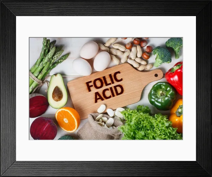 Framed Print : Natural sources of folic acid as asparagus, broccoli, eggs, salad, avocado, paprika, nuts, orange, beetroots and beans Framed Print : Natural sources of folic acid as asparagus, broccoli, eggs, salad, avocado, paprika, nuts, orange, beetroots and beans
