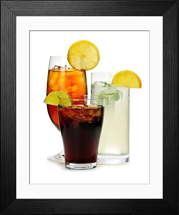 Framed Print : Group of three soft drinks in various glasses with garnish Framed Print : Group of three soft drinks in various glasses with garnish