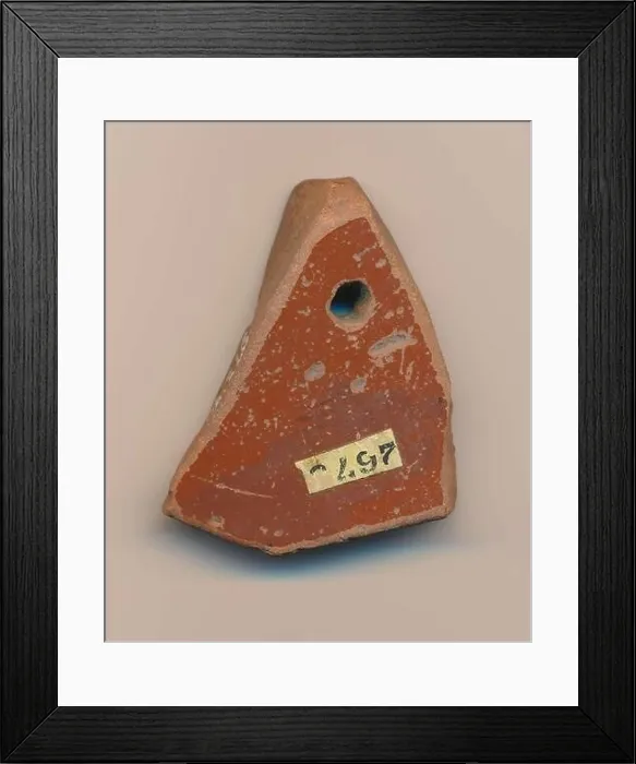 Framed Print : Pretty good, brown-orange sigillata. Shape: Dragendorff 43 or 45, wall fragment. On the inside inlaid with quartz grit. Sharply pierced, hw.w Framed Print : Pretty good, brown-orange sigillata. Shape: Dragendorff 43 or 45, wall fragment. On the inside inlaid with quartz grit. Sharply pierced, hw.w