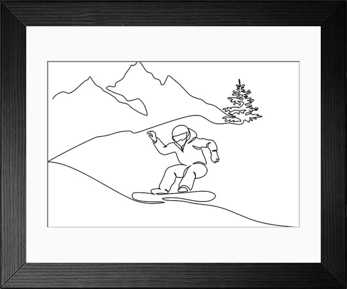 Framed Print : Continuous one line drawing. Young snowboarder man ride fast snowboard at snowy mountain. Tourist sport concept. Vector illustration black on white