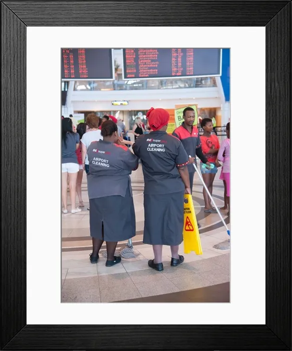 Framed Print : Airport cleaners from the Supercare Company at Cape Town Airport South Africa Framed Print : Airport cleaners from the Supercare Company at Cape Town Airport South Africa