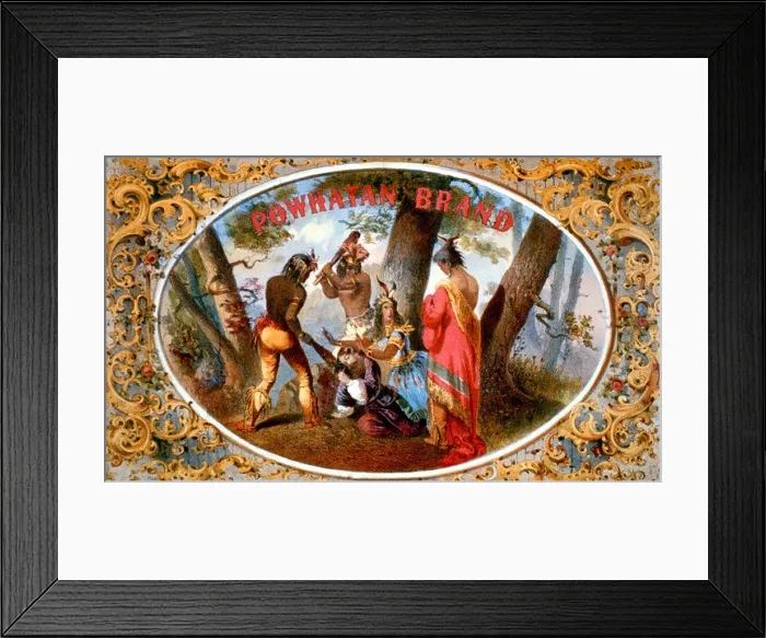 Framed Print : Powhatan brand - Tobacco package label showing Pocahontas coming to the defense of Capt. John Smith and appealing to her father, Chief Powhatan Framed Print : Powhatan brand - Tobacco package label showing Pocahontas coming to the defense of Capt. John Smith and appealing to her father, Chief Powhatan