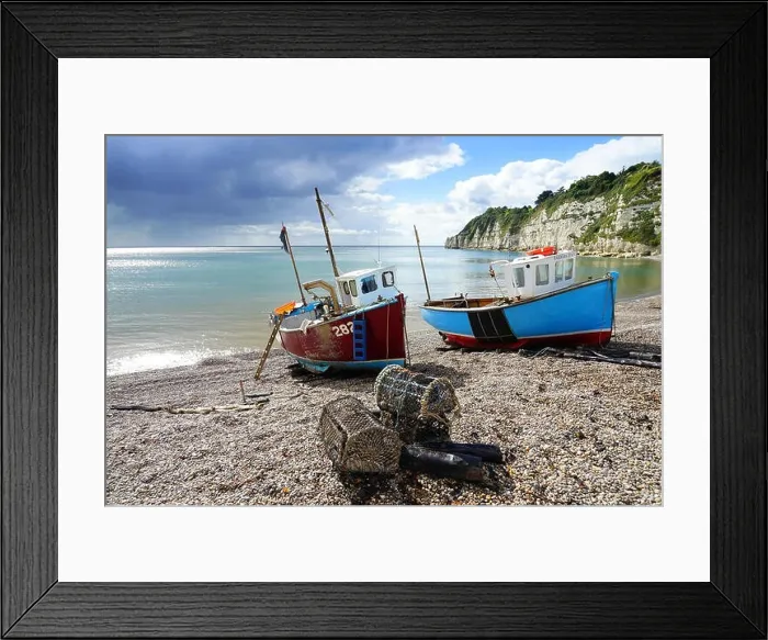 Framed Print : Fishing boats on the beach at Beer in Devon (1)