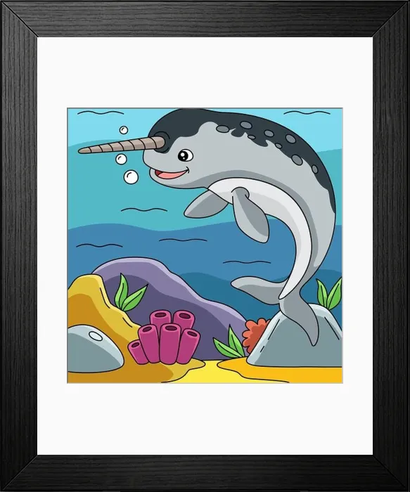 Framed Print : Narwhal in Ocean Cartoon Colored Illustration Framed Print : Narwhal in Ocean Cartoon Colored Illustration