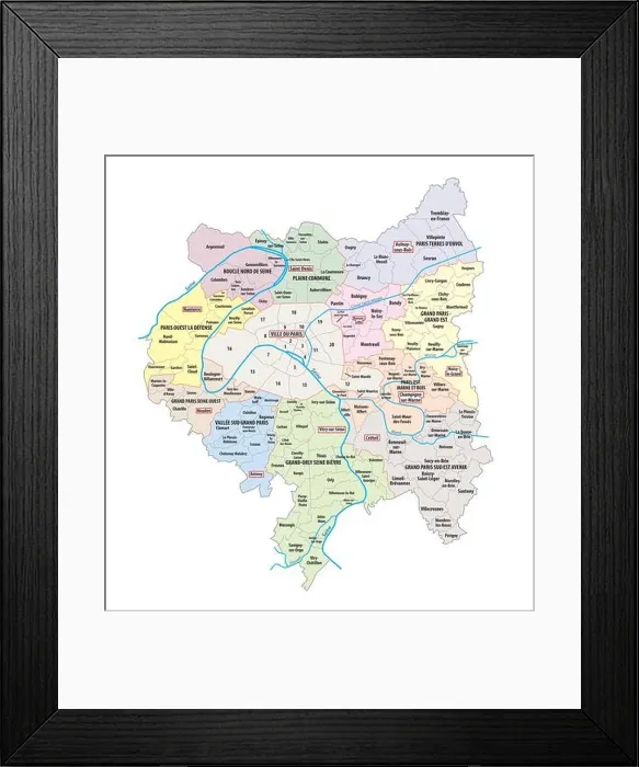 Framed Print : Map of the municipal associations created in 2016 in the metropolitan area of Greater Paris, France Framed Print : Map of the municipal associations created in 2016 in the metropolitan area of Greater Paris, France
