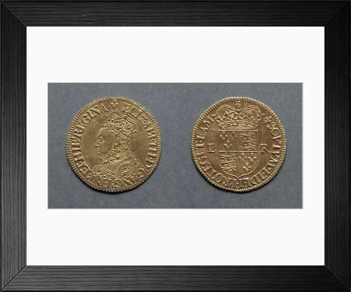 Framed Print : Half Pound: Elizabeth I (obverse); Crowned Shield of Arms (reverse), 1558-1560. England, Elizabeth I, 1558-1603. Gold; diameter: 3.3 cm (1 5 / 16 in.) Framed Print : Half Pound: Elizabeth I (obverse); Crowned Shield of Arms (reverse), 1558-1560. England, Elizabeth I, 1558-1603. Gold; diameter: 3.3 cm (1 5 / 16 in.)