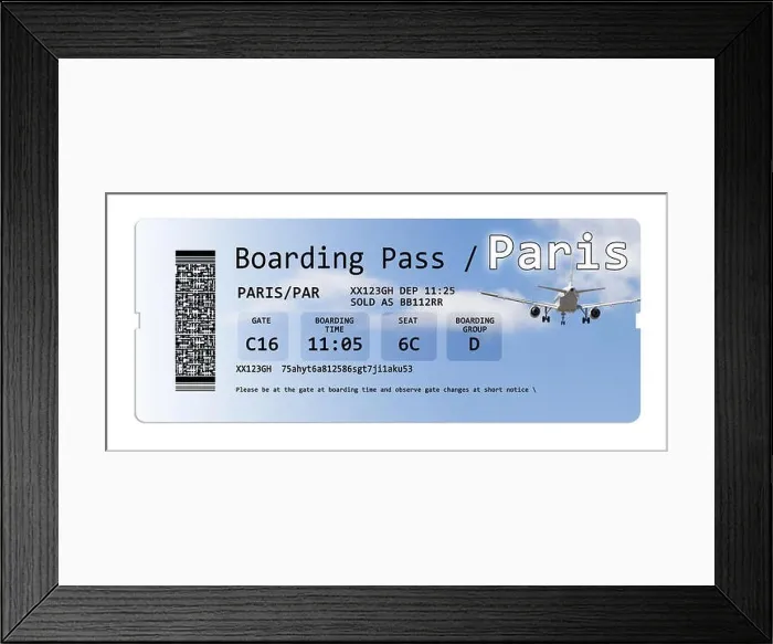 Framed Print : Airline boarding pass tickets to Paris isolated on white. The contents of the image are totally invented. Note for the Ispector: The contents of Framed Print : Airline boarding pass tickets to Paris isolated on white. The contents of the image are totally invented. Note for the Ispector: The contents of