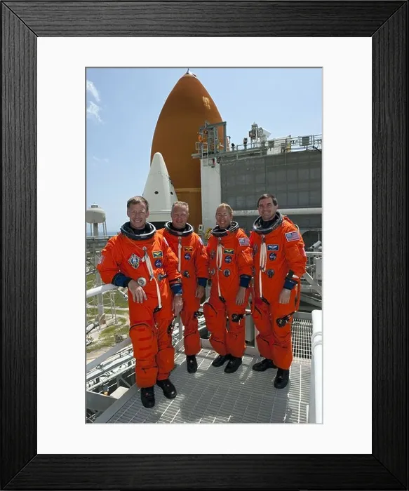 Framed Print : The final mission of Space Shuttle crew Atlantis pose for a picture on the launch pad of Kennedy Space Center Framed Print : The final mission of Space Shuttle crew Atlantis pose for a picture on the launch pad of Kennedy Space Center