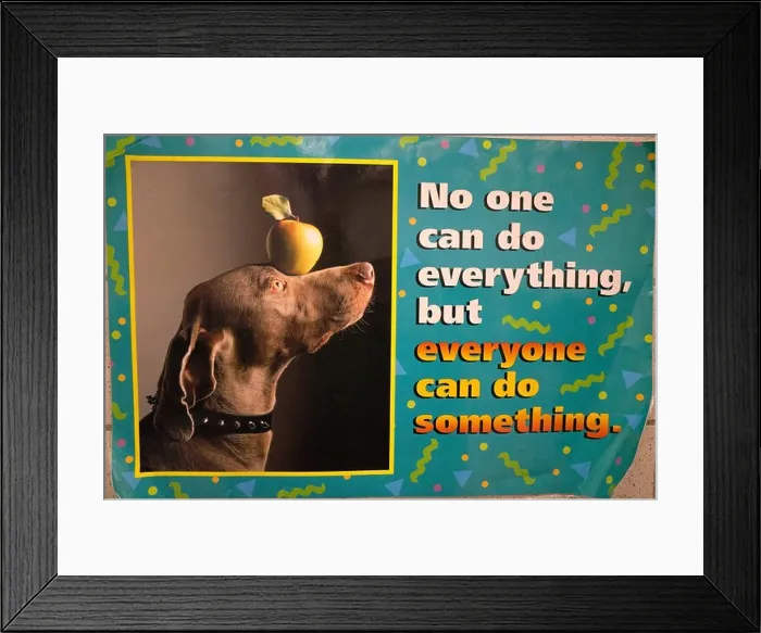 Framed Print : Upbeat school poster with dog balancing an apple suggesting everybody can do something. St Paul Minnesota MN USA Framed Print : Upbeat school poster with dog balancing an apple suggesting everybody can do something. St Paul Minnesota MN USA