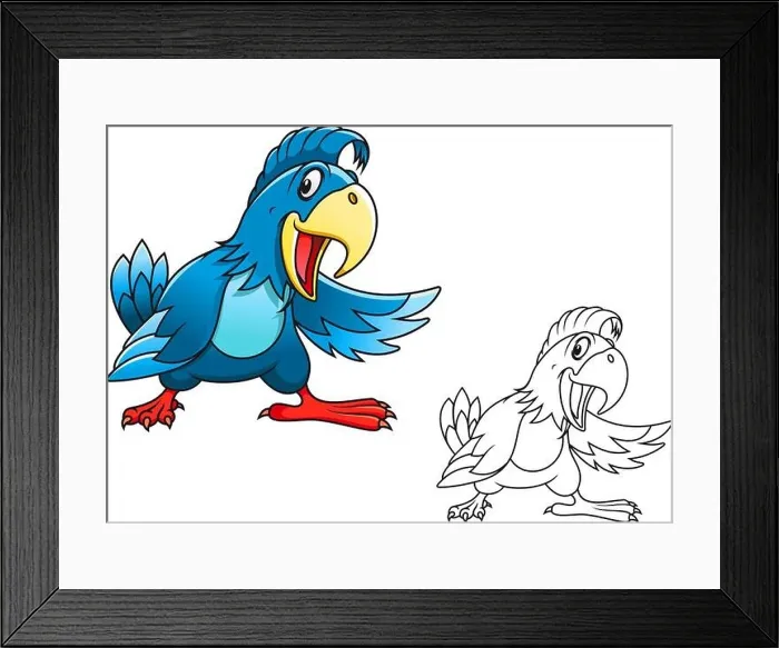 Framed Print : Blue cartoon parrot isolated on white background Framed Print : Blue cartoon parrot isolated on white background