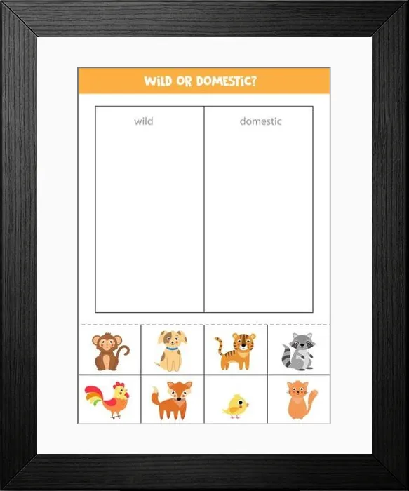 Framed Print : Wild or domestic animals. Sorting game for preschool kids. Educational logical worksheet Framed Print : Wild or domestic animals. Sorting game for preschool kids. Educational logical worksheet