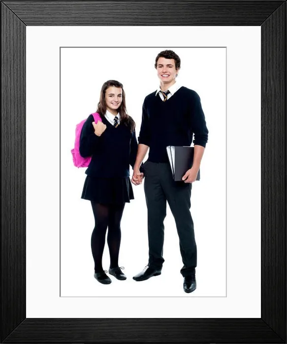 Framed Print : Full length portrait of students in uniform ready to go school with backpack and files Framed Print : Full length portrait of students in uniform ready to go school with backpack and files
