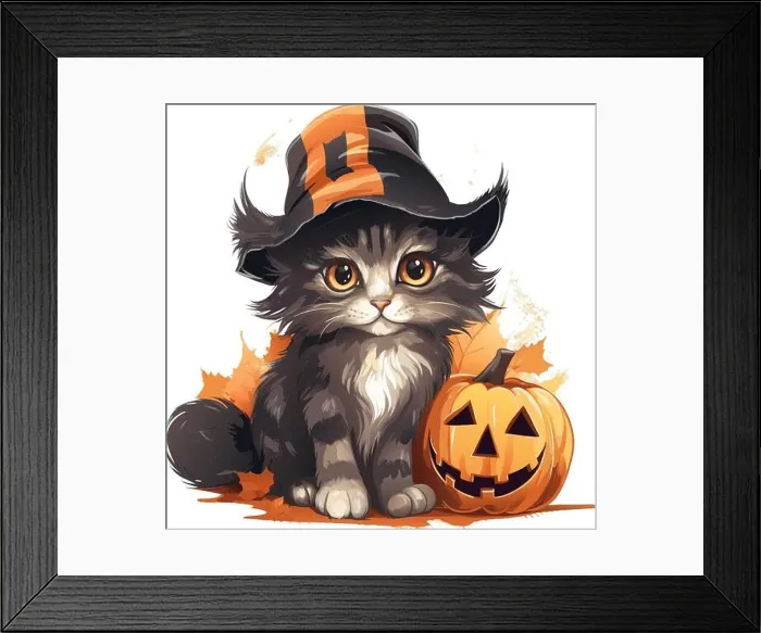 Framed Print : vector cute grey halloween cat. watercolor vector smiling pumpkin and grey cat. halloween cat and pumpkins on white background Framed Print : vector cute grey halloween cat. watercolor vector smiling pumpkin and grey cat. halloween cat and pumpkins on white background