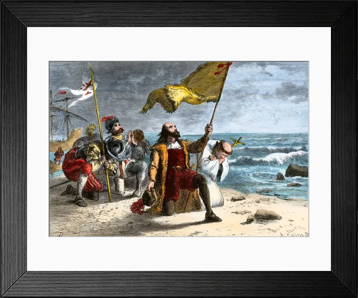 Framed Print : First landing of Columbus in the New World, 1492. Hand-colored woodcut