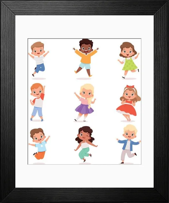 Framed Print : Happy childrens. Cute playing kids in action poses vector boys and girls Framed Print : Happy childrens. Cute playing kids in action poses vector boys and girls