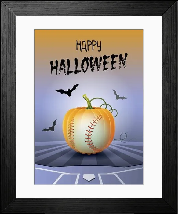 Framed Print : Happy Halloween. Sports greeting card. Realistic baseball ball in the shape of a Pumpkin. Vector illustration Framed Print : Happy Halloween. Sports greeting card. Realistic baseball ball in the shape of a Pumpkin. Vector illustration