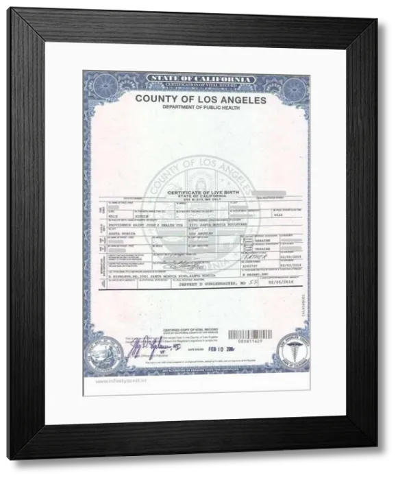 Framed Print : A specimen of the birth certificate from Los Angeles County, California Framed Print : A specimen of the birth certificate from Los Angeles County, California
