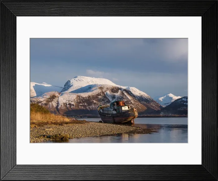 Framed Print : The Old Wreck at Corpach near Fort William, Scotland. The mountain is Ben Nevis Framed Print : The Old Wreck at Corpach near Fort William, Scotland. The mountain is Ben Nevis