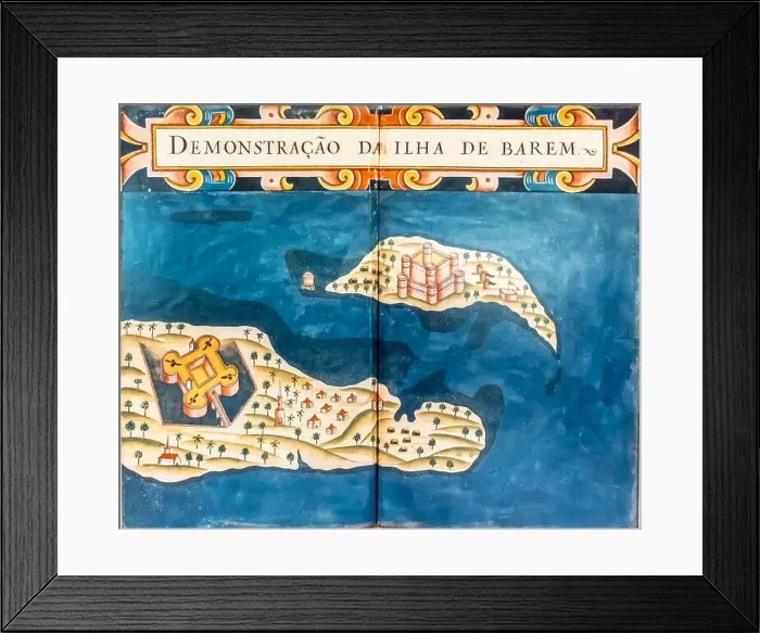 Framed Print : Muharraq 1635, shows Arad and Manama fort on mainland Bahrain churches and houses. Maps of Bahrain Framed Print : Muharraq 1635, shows Arad and Manama fort on mainland Bahrain churches and houses. Maps of Bahrain