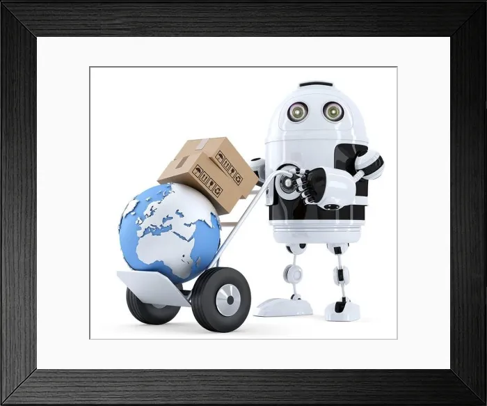 Framed Print : Robot pushing a hand truck with boxes. Isolated. Contains clipping path Framed Print : Robot pushing a hand truck with boxes. Isolated. Contains clipping path