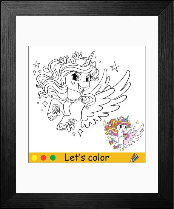 Framed Print : Cute happy unicorn with rainbow mane. Kids coloring book page with color template. Vector cartoon illustration. Educational work page. For coloring, c Framed Print : Cute happy unicorn with rainbow mane. Kids coloring book page with color template. Vector cartoon illustration. Educational work page. For coloring, c