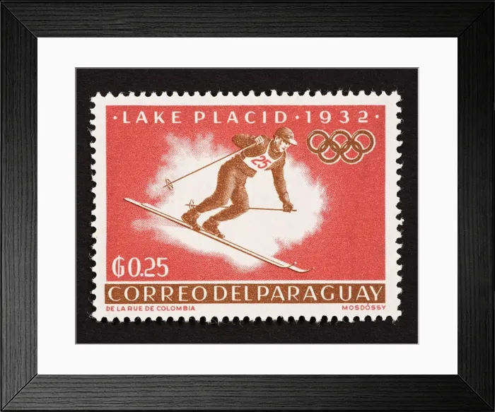 Framed Print : Postage stamp from Paraguay depicting a downhill skier in the 1932 Winter Olympics in Lake Placid, New York Framed Print : Postage stamp from Paraguay depicting a downhill skier in the 1932 Winter Olympics in Lake Placid, New York