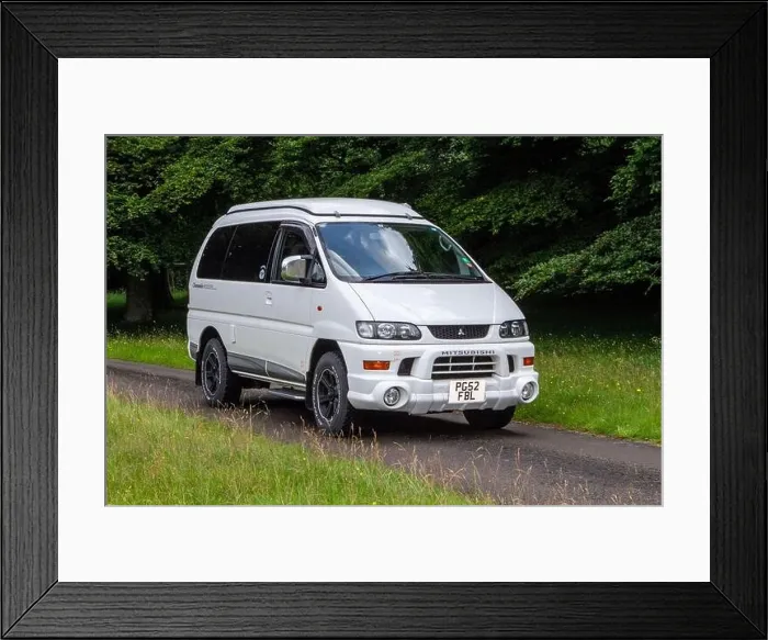 Framed Print : 2003 white Mitsubishi Delica at ‘The Cars the Star Show” in Holker Hall & Gardens, Grange-over-Sands, UK Framed Print : 2003 white Mitsubishi Delica at ‘The Cars the Star Show” in Holker Hall & Gardens, Grange-over-Sands, UK