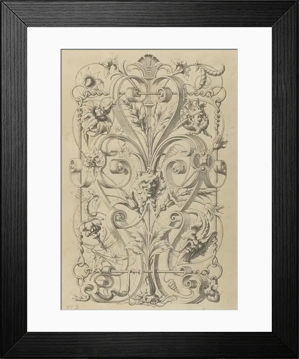 Framed Print : Panel with satyr mask between leaf vines and scrollwork, print, print maker: Michel Liénard, (mentioned on object), publisher: Charles Claesen