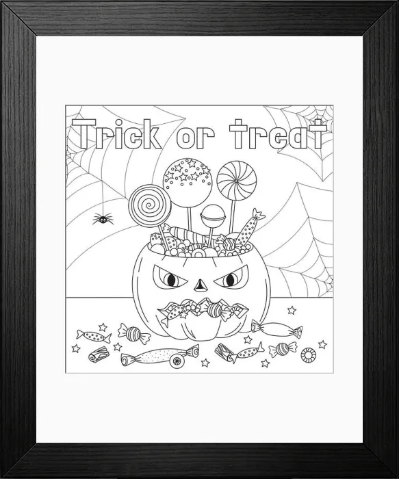 Framed Print : Trick or Treat coloring page. Halloween coloring page for kids. Cartoon children in Halloween costumes. Cute spider. vector illustration Framed Print : Trick or Treat coloring page. Halloween coloring page for kids. Cartoon children in Halloween costumes. Cute spider. vector illustration