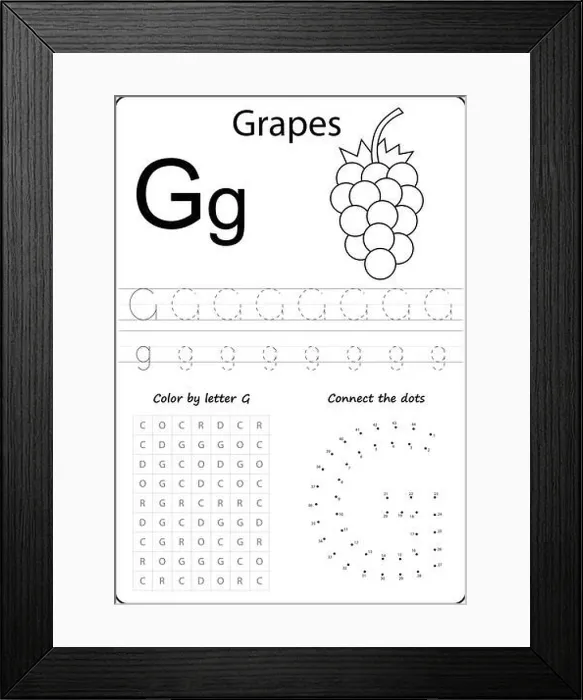 Framed Print : letter G. Alphabet letter. Worksheet. Task for kids. learning letters Framed Print : letter G. Alphabet letter. Worksheet. Task for kids. learning letters