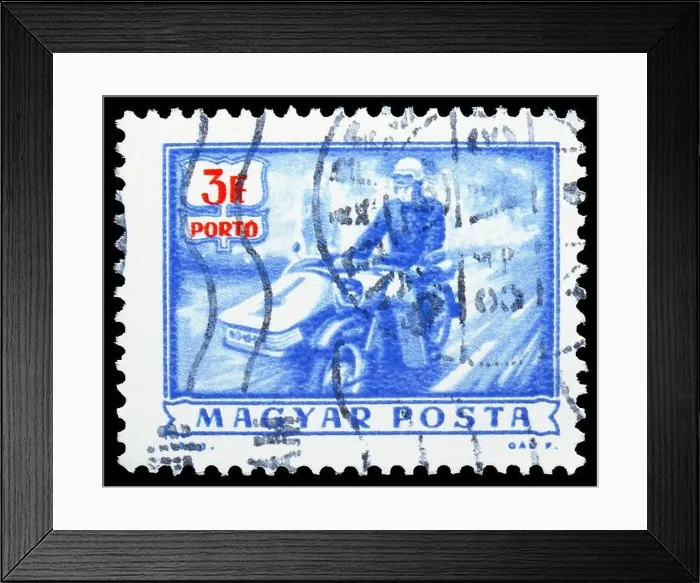 Framed Print : MOSCOW, RUSSIA - JULY 19, 2019: Postage stamp printed in Hungary shows Postman on motorcycle, Postage Due serie, circa 1973 Framed Print : MOSCOW, RUSSIA - JULY 19, 2019: Postage stamp printed in Hungary shows Postman on motorcycle, Postage Due serie, circa 1973