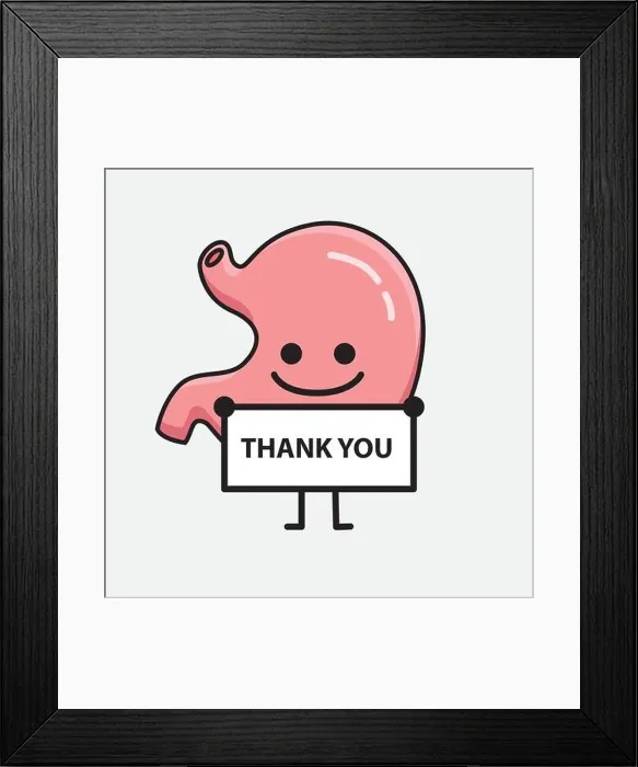 Framed Print : Vector Illustration of Stomach Character with cute face and simple body line drawing on isolated background Framed Print : Vector Illustration of Stomach Character with cute face and simple body line drawing on isolated background