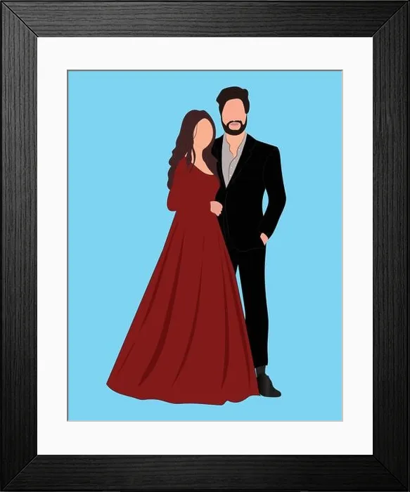 Framed Print : Indian wedding couple illustration for save the date, wedding e-invite cards Framed Print : Indian wedding couple illustration for save the date, wedding e-invite cards