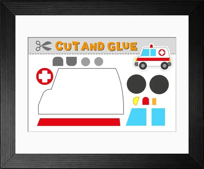 Framed Print : Cut and glue ambulance car. Vector illustration of school bus. Paper game for children activity and education. Simple level Framed Print : Cut and glue ambulance car. Vector illustration of school bus. Paper game for children activity and education. Simple level
