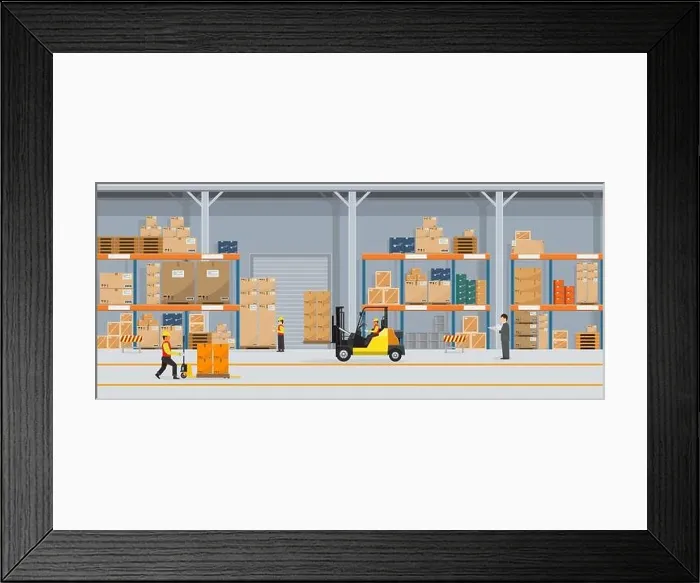 Framed Print : Warehouse Interior with Boxes On Rack And People Working. Flat vector and solid color style Logistic Delivery Service Concept illustration Framed Print : Warehouse Interior with Boxes On Rack And People Working. Flat vector and solid color style Logistic Delivery Service Concept illustration