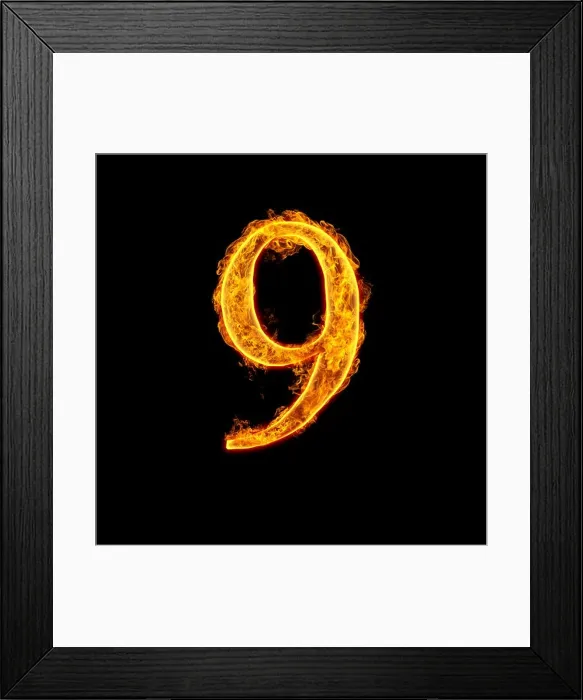 Framed Print : Fire alphabet number 9 nine isolated on black background Framed Print : Fire alphabet number 9 nine isolated on black background