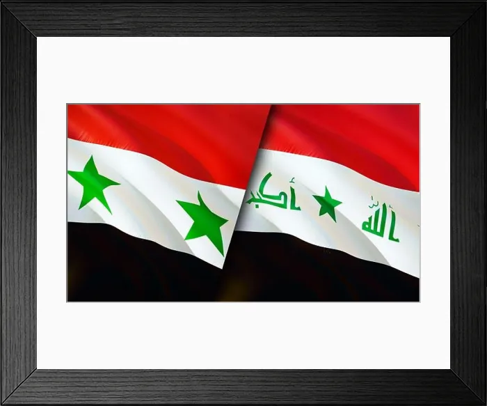 Framed Print : Syria and Iraq flags. 3D Waving flag design. Iraq Syria flag, picture, wallpaper. Syria vs Iraq image, 3D rendering. Syria Iraq relations alliance