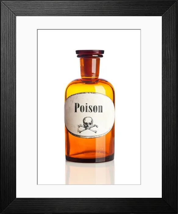 Framed Print : Bottle of poison with skull and crossbones warning sign on label Framed Print : Bottle of poison with skull and crossbones warning sign on label