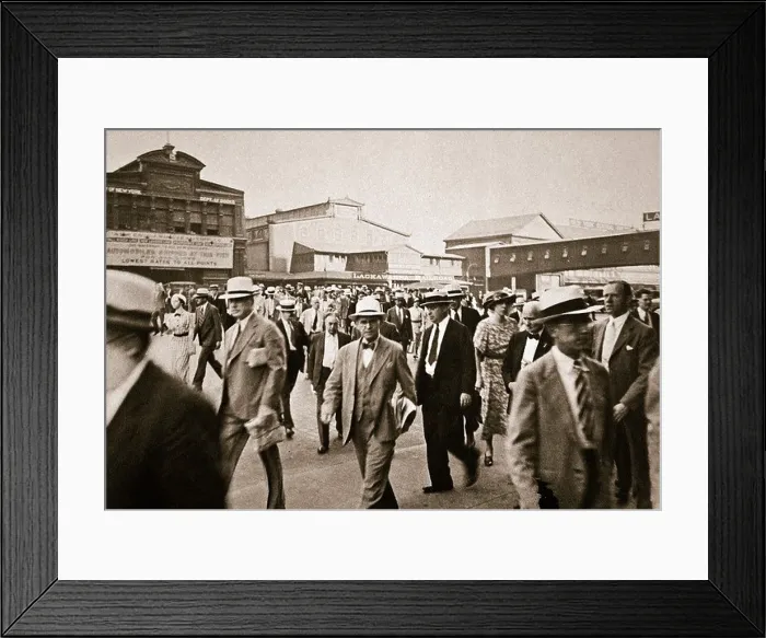 Framed Print : Commuters from New Jersey crossing West Street from the Hoboken ferry, New York, USA, early 1930s Framed Print : Commuters from New Jersey crossing West Street from the Hoboken ferry, New York, USA, early 1930s