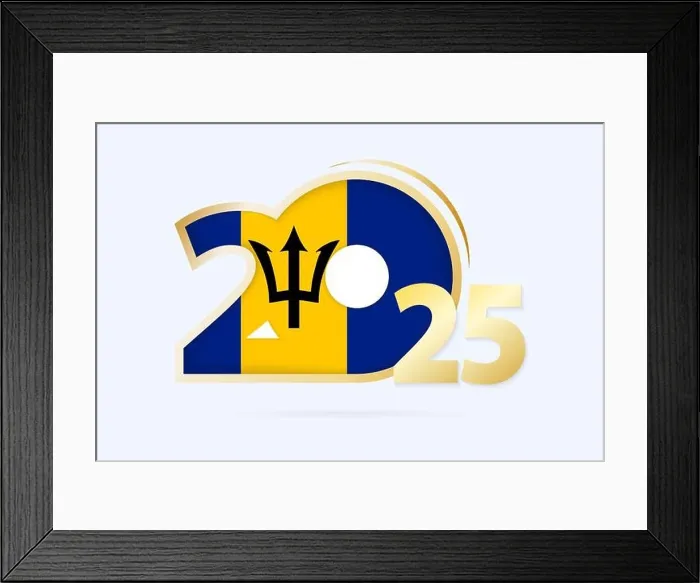 Framed Print : Year 2025 with Barbados Flag pattern. Vector Illustration Framed Print : Year 2025 with Barbados Flag pattern. Vector Illustration