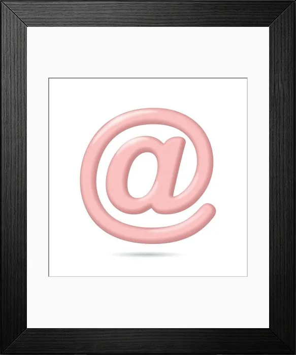 Framed Print : At sign social media notification. 3D pink glowing account name symbol. Email message profile send programming domain keyword vector illustration