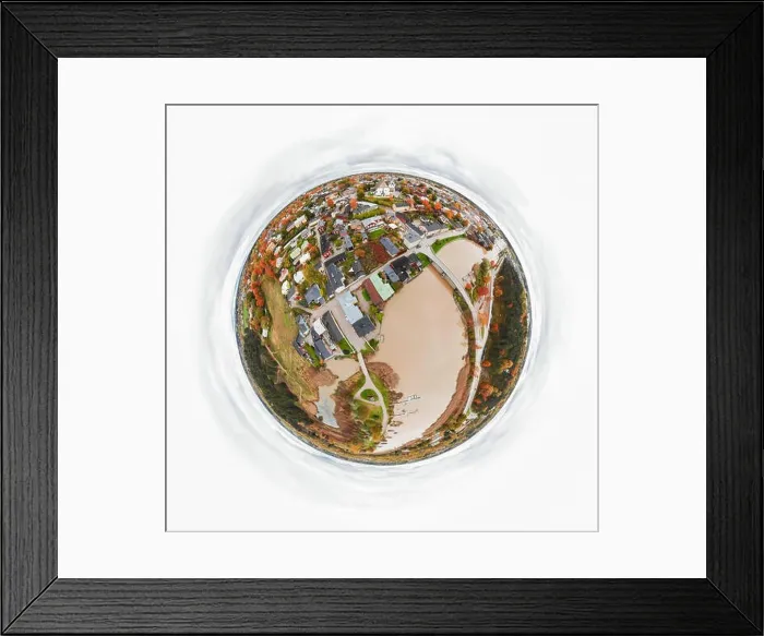 Framed Print : A three dimensional panoramic aerial view of the Old town of Porvoo, Finland in a mini planet panorama style Framed Print : A three dimensional panoramic aerial view of the Old town of Porvoo, Finland in a mini planet panorama style