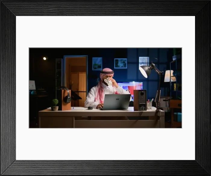 Framed Print : Arabic job candidate remotely being interviewed by HR worker while at home. Middle Eastern man getting his credentials checked during online video Framed Print : Arabic job candidate remotely being interviewed by HR worker while at home. Middle Eastern man getting his credentials checked during online video