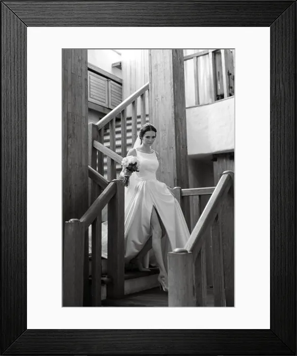 Framed Print : young girl bride going down the wooden stairs Framed Print : young girl bride going down the wooden stairs