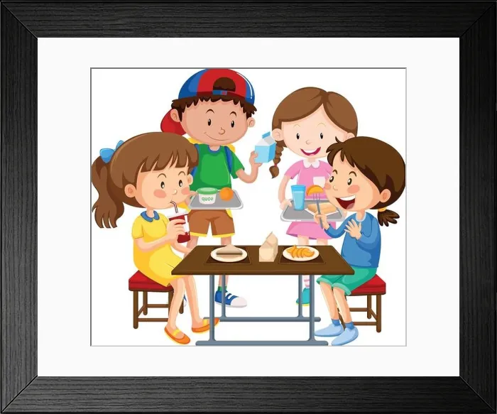 Framed Print : Group of children eating together illustration Framed Print : Group of children eating together illustration