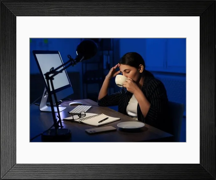 Framed Print : Tired overworked businesswoman drinking coffee at night in office