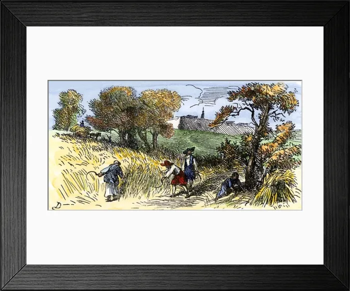 Framed Print : Swedish colonists farming along the Delaware River in New Sweden 1600s. Hand-colored woodcut Framed Print : Swedish colonists farming along the Delaware River in New Sweden 1600s. Hand-colored woodcut