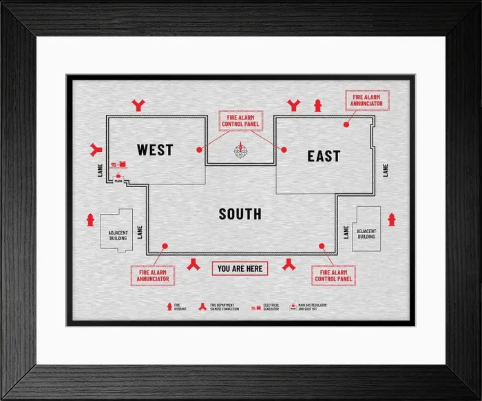 Framed Print : Brushed metal fire emergency plan or evacuation diagram signage of a commercial complex or shopping mall. Marked locations of fire equipment, gas shut Framed Print : Brushed metal fire emergency plan or evacuation diagram signage of a commercial complex or shopping mall. Marked locations of fire equipment, gas shut