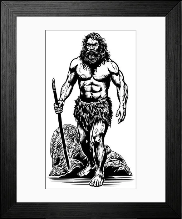 Framed Print : Caveman on White Linocut Framed Print : Caveman on White Linocut