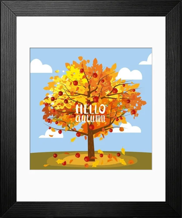 Framed Print : Apple tree, rural landscape. Hello Autumn, harvest, ripe fruits on tree, countriyside fall. Vector illustration cartoon style poster Framed Print : Apple tree, rural landscape. Hello Autumn, harvest, ripe fruits on tree, countriyside fall. Vector illustration cartoon style poster